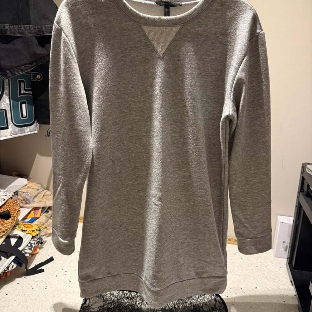 BCBGMAXAZRIA Heather Grey Sweatshirt Dress with Lace Trim